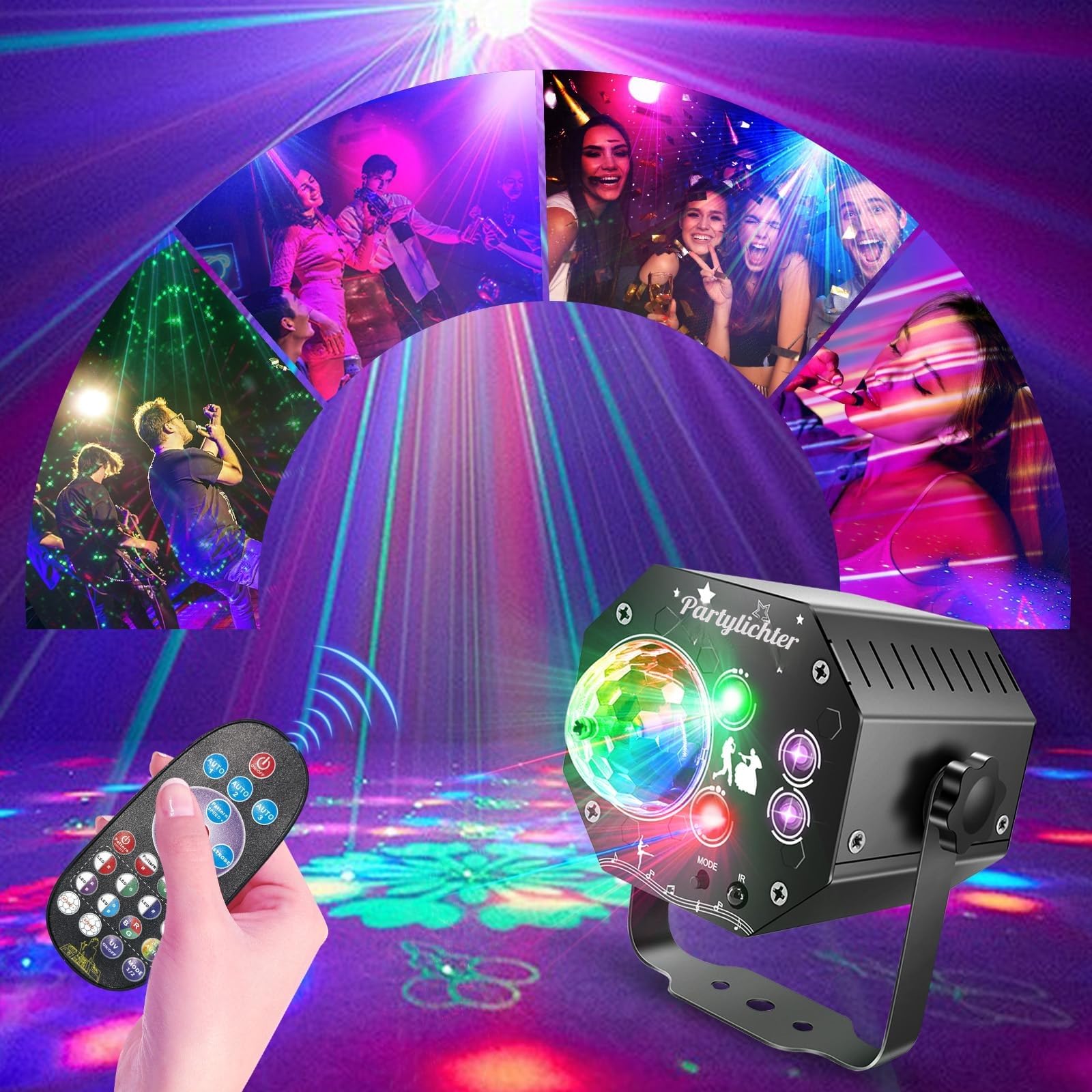 Nauotk 5 in 1 Discolicht Partylicht, Musikgesteuert Disco Licht mit Fernbedienung, 360° Drehung Discokugel licht mit Stroboskop, UV Schwarzlicht, Sprachsteuerte DJ Partylichter