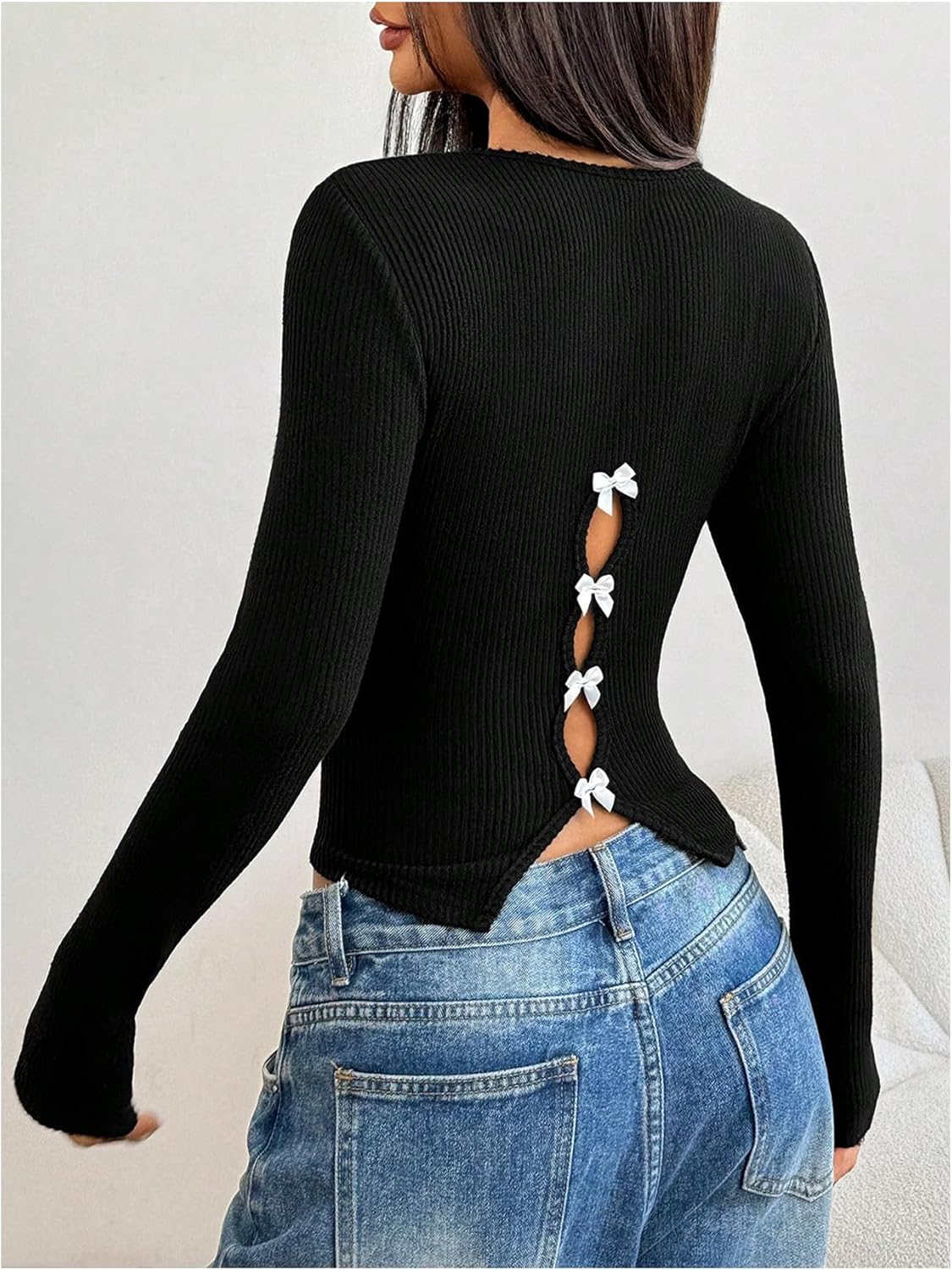 Women's Bow Back T Shirts Hollow Out Ribbed Knit Long Sleeve Crop Tops Fitted Tops Trendy - Image 4