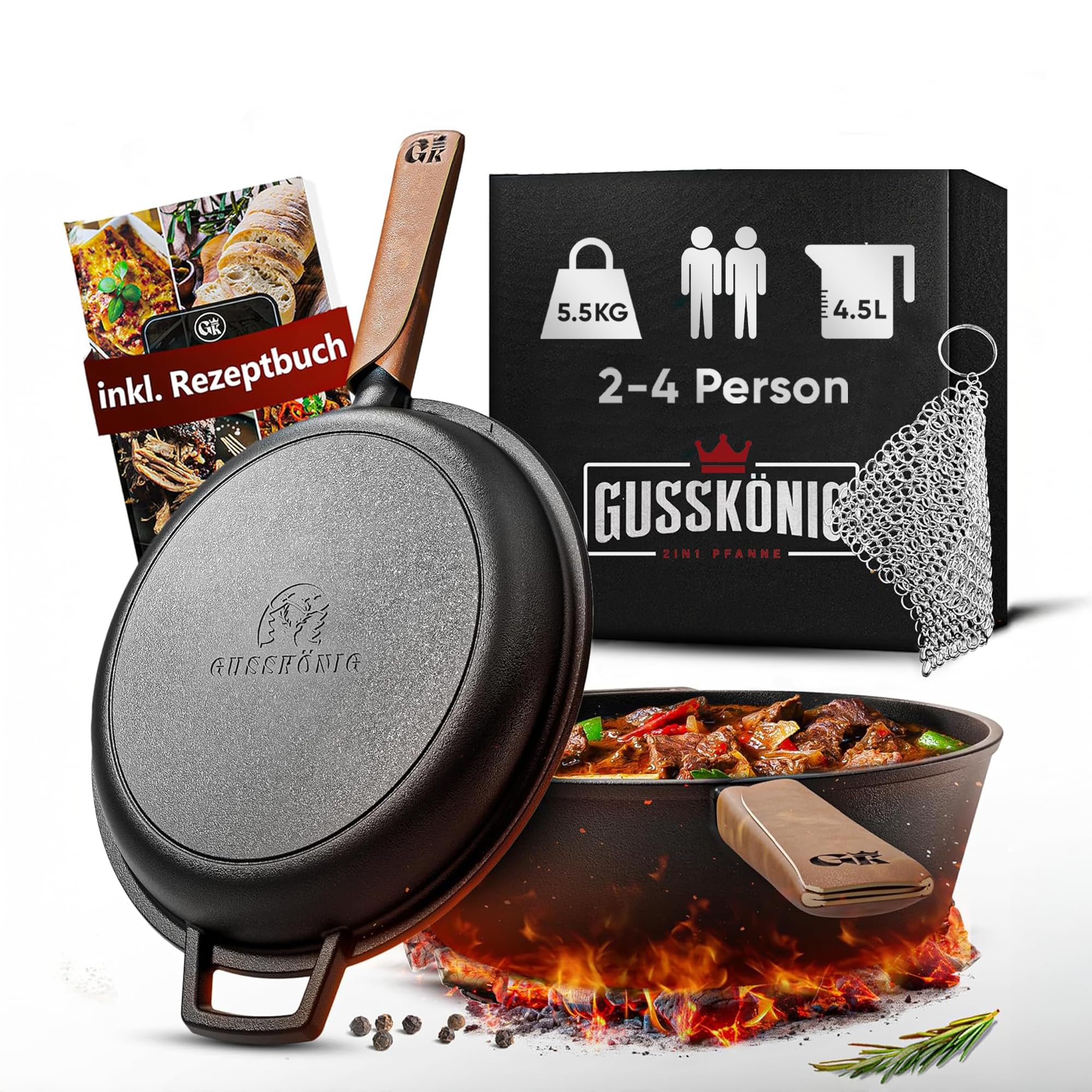 GUSSKÖNIG Dutch Oven - 2 in 1 Eingebrannter Gusseisen Topf 3L & Gusspfanne 1,5L - Cast Iron Pot mit Schmortopf Doppelfunktion - inkl. Kochbuch & Zubehör für BBQ, Camping & Küche - 30 Jahre Garantie
