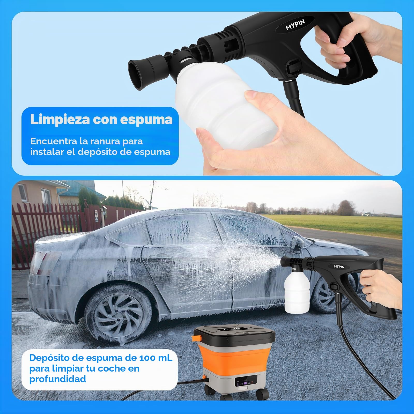 MYPIN Hidrolavadora Portátil 13L Tanque, 7 Presiones Ajustables Máx. 660PSI | Boquilla 6-en-1, Manguera de 7M, Limpiadora Portátil con Ruedas para Coches, Suelos, Paredes, Vallas y Mascotas