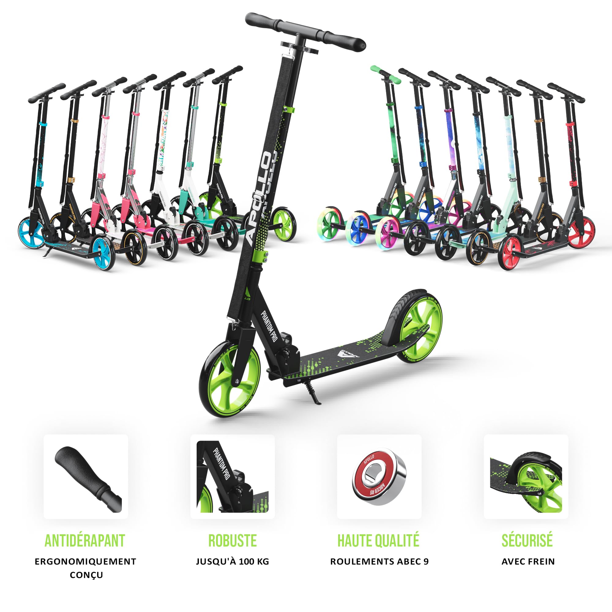 Apollo Trotinette aux Roues XXL - 200mm - Trotinette Freestyle de Ville Phantom Pro - City Scooter Pliable et à Hauteur Ajustable pour Adultes et Enfants