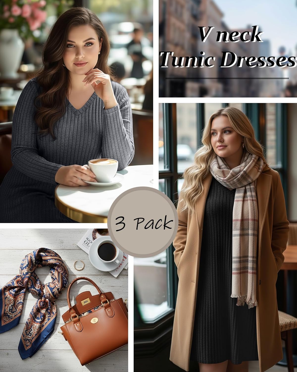 3 Pack Women's Plus Size Dresses Long Sleeve V Neck Ribbed Sweater Loose Casual Lighweight Dress for Curvy Women - Image 4