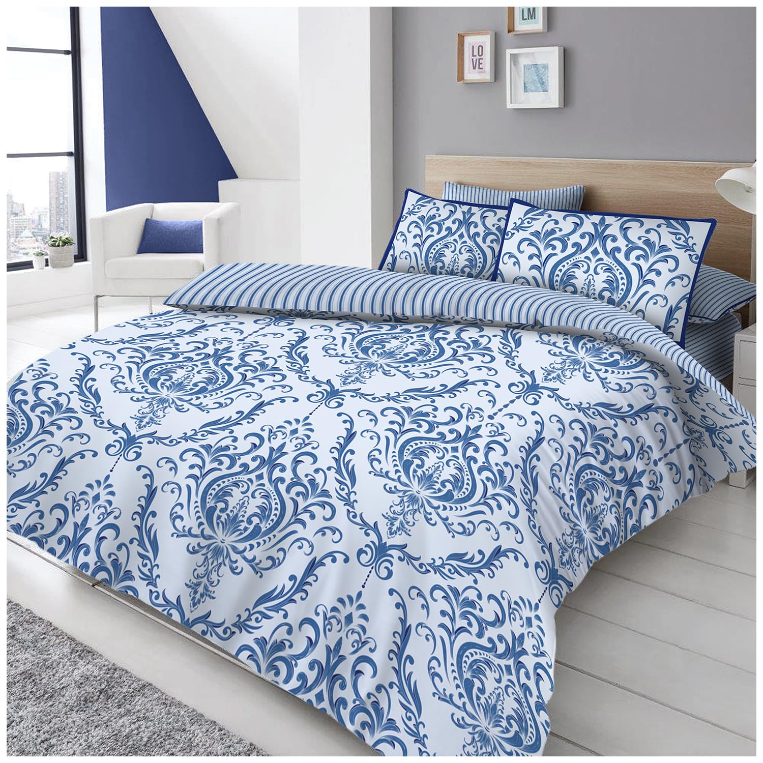 GC GAVENO CAVAILIA Blue Damask Duvet Cover | Striped Reversible Single Duvet Set - Floral Bedding Bed Linen Set With Pillow Cover