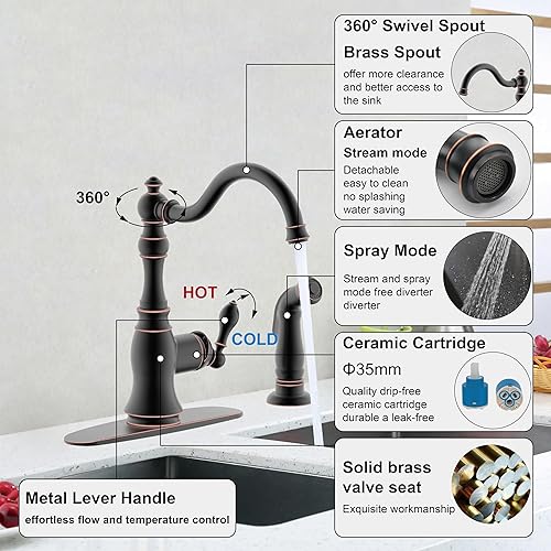 Miniatura 3 de Derengge KF-6832TB-ORB - Grifo de cocina de un solo mango de 8 pulgadas con rociador lateral, instalación de 2 agujeros o 4 agujeros, cumple con