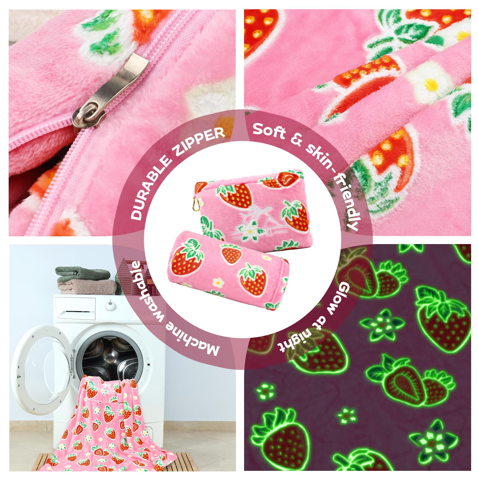 Juego de manta y almohada de fresa – Manta de viaje para niños que brilla en la oscuridad, compacta y suave, mullida, manta de vellón de frutas rosas para automóvil, avión, viajes, bonitos regalos de 4