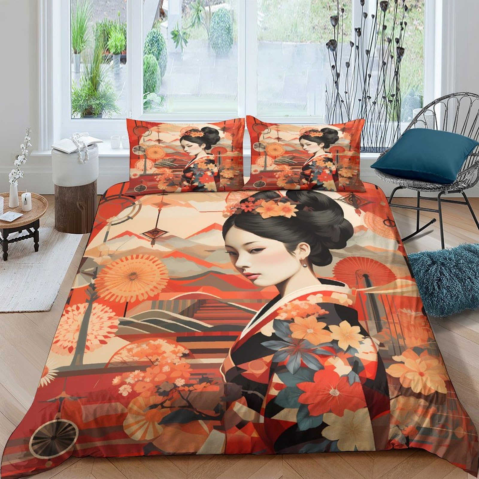 Ctjqhvkz Style-4 3D Printed Japanese Geisha Fitted Sheet Microfiber Soft Orange Floral Bed Cover For Bedroom Dorm Mattress Decor Single（135X200cm）
