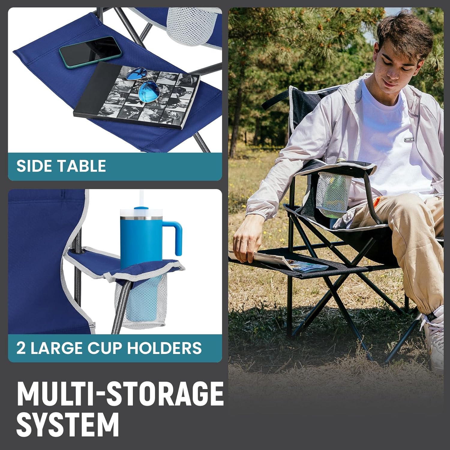 FUNDANGO Folding Camping Chairs for Adults, Oversized Beach Chairs with Table Tray, Heavy Duty Lawn Chair with Cup Holders for Sports, Outdoor, Camp (Blue)