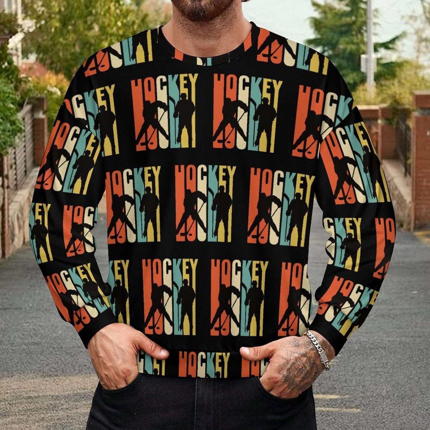 Ice Hockey Players Men's Sweatshirt Crewneck Pullover Long Sleeve T Shirts Top
