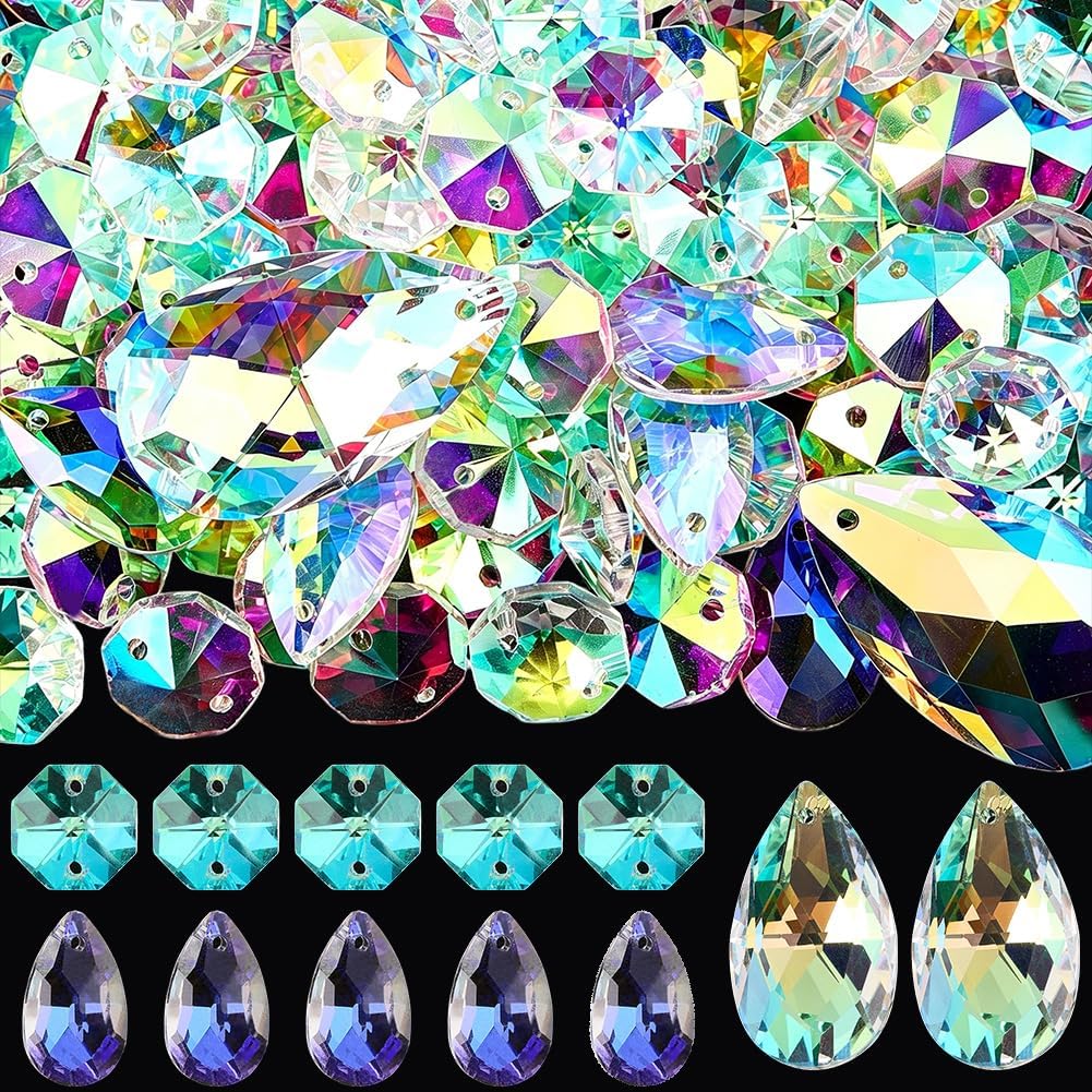 1 Box 112Pcs 3 Styles Suncatcher Bead Sets Suncatcher Faceted Beads Bulk Glass Octagon Teardrop Colorful AB Color Crystal Spacers for DIY Lamp Hanging Pendant Jewelry Making Supplies Adults