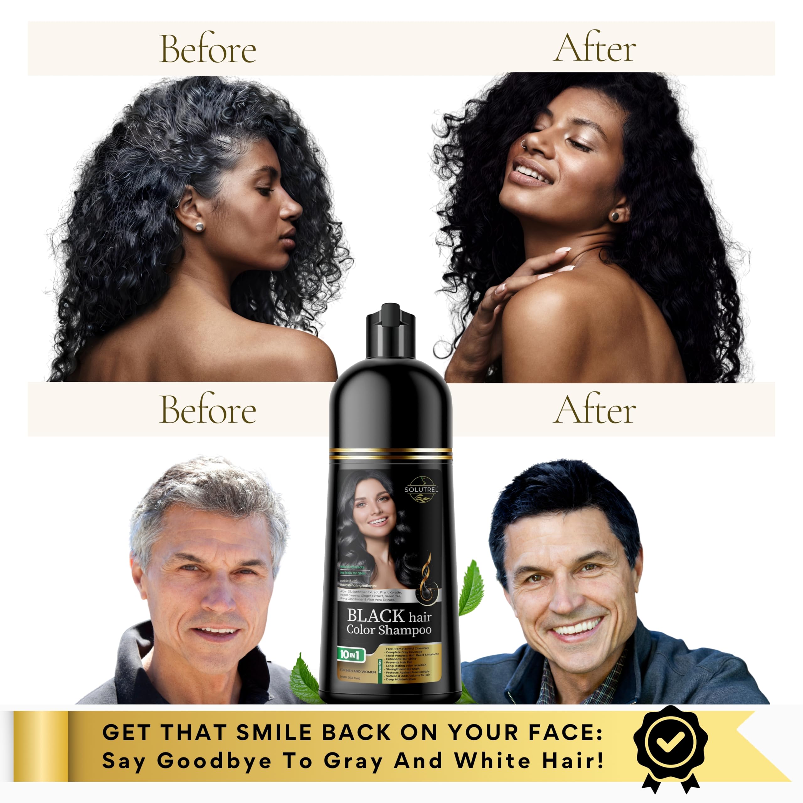 Solutrel Black Hair Dye Shampoo, 10-in-1 Herbal Gray Coverage