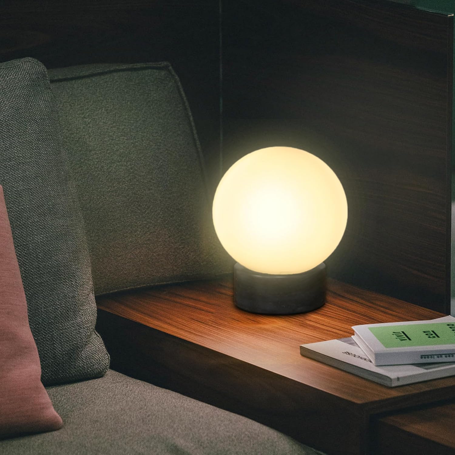 FLORNIA Globe Tble Lamp, Modern Industrial Round Table Lamp, Unique Bedside Nightstand Desk Lamp with Glass Shade and Marble Base for Bedroom, Living Room, Office Study, Decoration (Include Bulb G45)