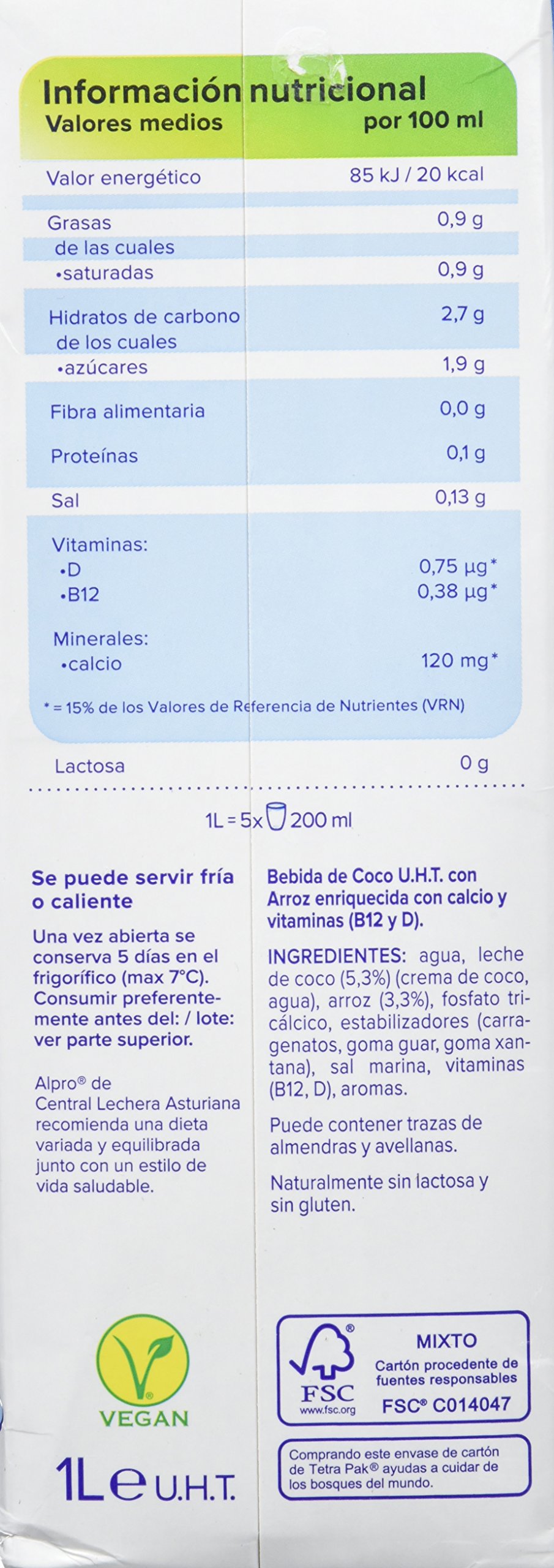 Alpro Central Lechera Asturiana Bebida de Coco con Arroz - 6 x 1000 ml