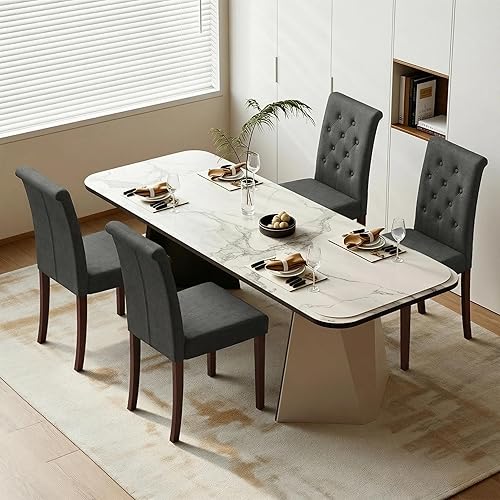 Miniatura 2 de TLSUNNY Juego de 24 sillas de comedor, tapizadas con botones y patas de madera maciza, para comedor y cocina (color gris, juego de 4)