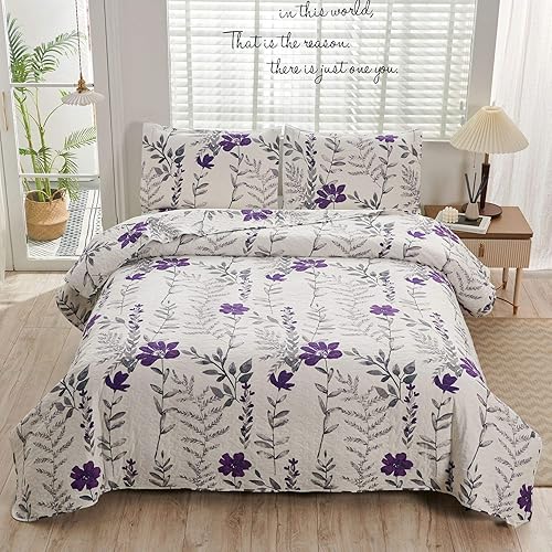 Juego de colcha floral para cama tamaño matrimonial/Queen, color púrpura, gris, con flores, hojas, colcha transpirable, cubrecama botánico, manta