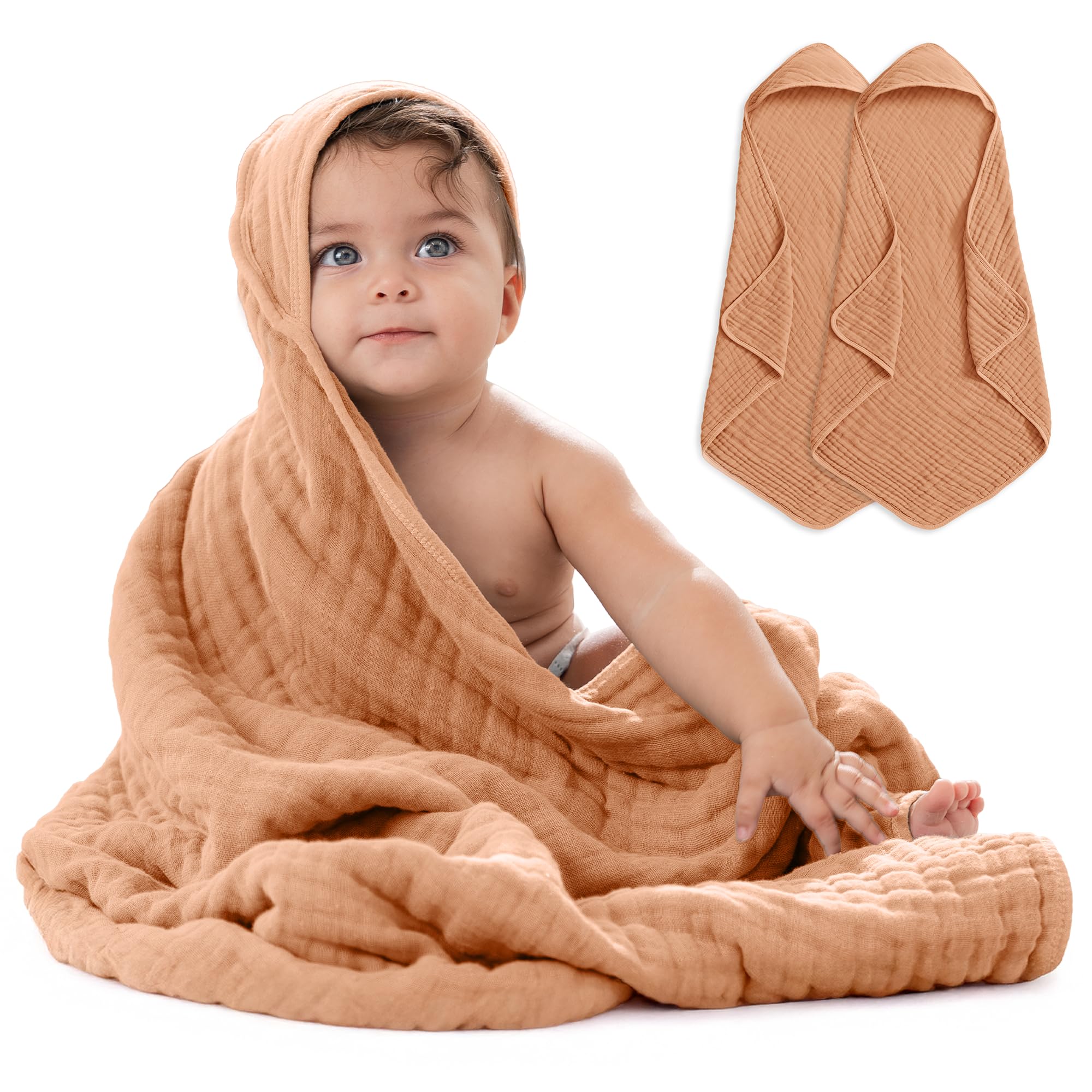 Comfy Cubs Baby Hooded Towel 2-Pack, Large 81cm x 81cm - 6-Layer, Soft, Durable & Absorbent Baby Bath Towel - 100% Muslin Cotton Bathing Products for Babies, Toddlers & Kids - Mauve and Blush — view 13