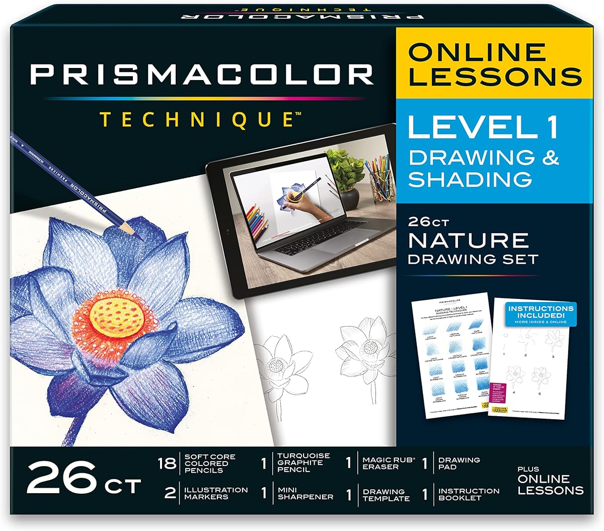 Prismacolor Technique Art Supplies and Digital Art Lessons, Nature Drawing Set Level 1, Learn to Draw with Colored Pencils, Graphite Pencils, and More, 26 Count