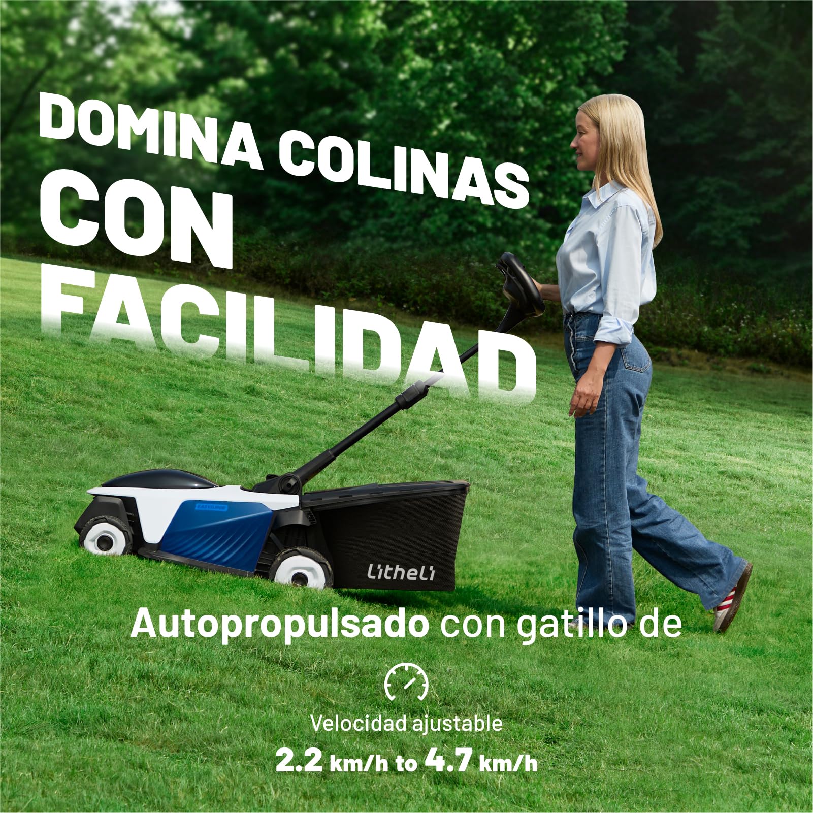 Litheli Easysurge Cortacésped Batería 43cm, Autopropulsado (2,2-4,7 km/h), 2X 20V 4,0Ah Baterías, Brushless, hasta 500 m², 50L Bolsa Recolectora, 25-75 mm, 6 Niveles de Altura de Corte
