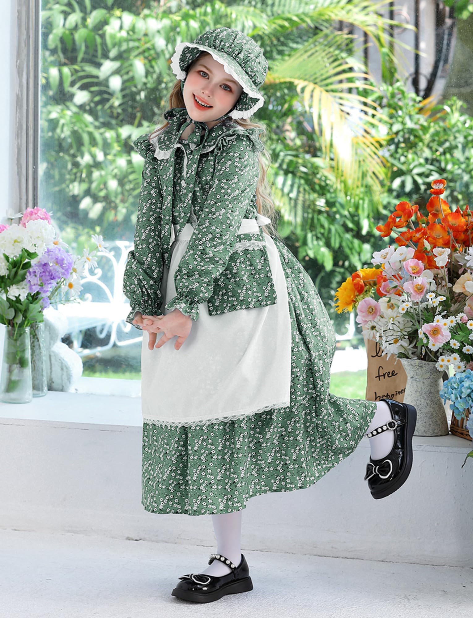 NEAWEALY Kids Victorian Maid Dress Girl Pioneer Colonial Outfit Prairie Dress Halloween Maid Costume Green 9-10Y - Image 3