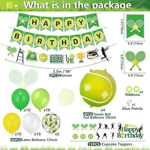 Miniatura 2 de Decoraciones de fiesta de tenis, incluye pancarta de tenis de feliz cumpleaños, globos de tenis, adornos para cupcakes para hombres, mujeres, niños,