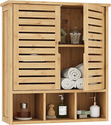 Miniatura 3 de Gabinete de almacenamiento de pared para baño, botiquín de bambú con puertas y estantes ajustables, gabinete de medicina de baño, montaje en pared,