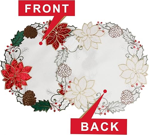 Miniatura 4 de OWENIE Juego de 4 manteles individuales de Navidad, manteles individuales bordados de flor de pascua roja, manteles individuales redondos de tela