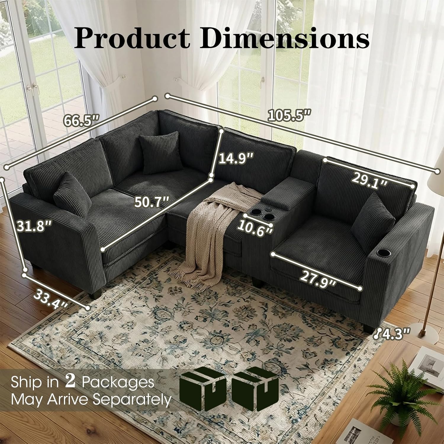 105.5" L-Shaped Corner Sectional Sofa with Multi-Functional Storage Console for Home Apartment, Comfy Corduroy Upholstered Cloud Couches W/USB-C Charger & Cupholders