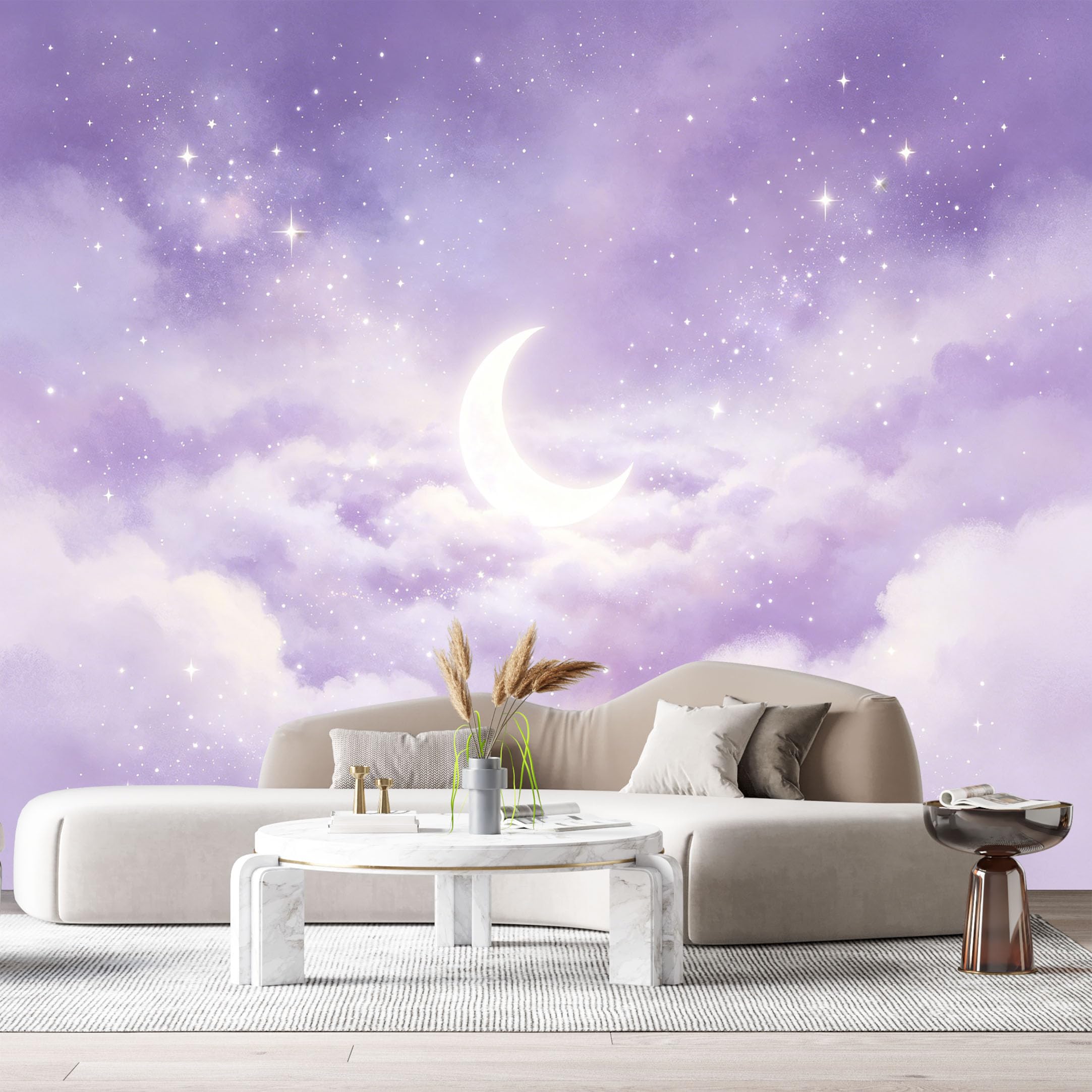 Custom Size Wall Murals Dreamy Purple Sky Watercolor Crescent Moon Stars Clouds SelfAdhesiveWall Fabric Removable Wallpaper Wall Decor for Living Room Bedroom Bathroom