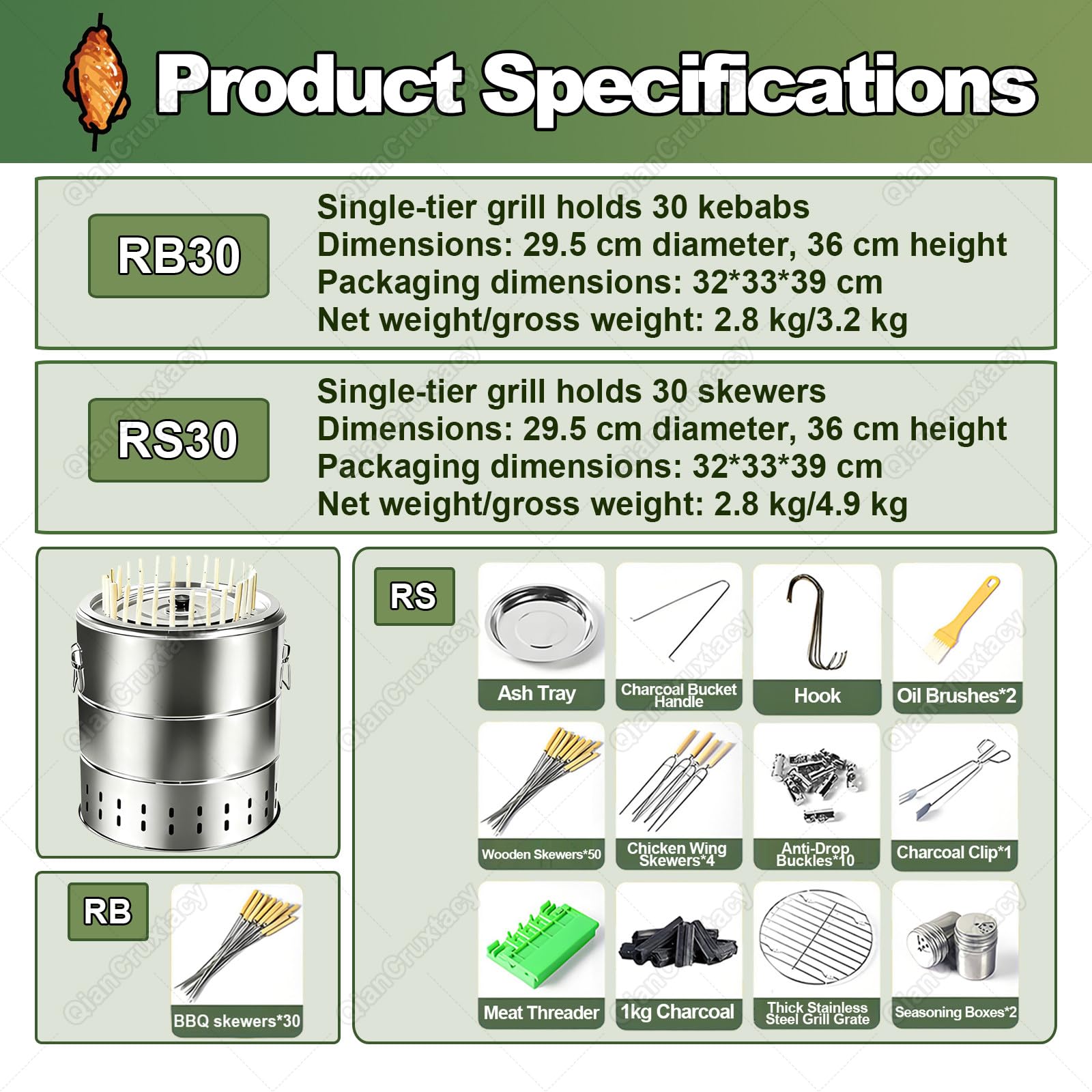 Przenośny grill na węgiel drzewny, pionowy grill bezdymny z gotowaniem 360°, 30 szpikulców, idealny do użytku rodzinnego na zewnątrz i na kemping RB30