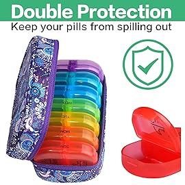 Serfeymi Weekly Travel Pill Organizer 2 Times A Day AM PM Upgraded Rainbow Pill Box 7 Day with Portable Zipper PU Leather Pill Case, Medicine Organizer for Pills, Vitamins, Fish Oils - Purple-01