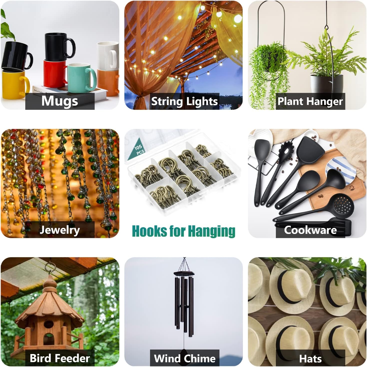 105 Pcs Screw Hooks, 6 Sizes Bronze Cup Hooks, Screw Hooks for Hanging, Metal Cup Hooks Screw in (1/2", 5/8", 3/4", 7/8", 1'', 1-1/4") - Image 6