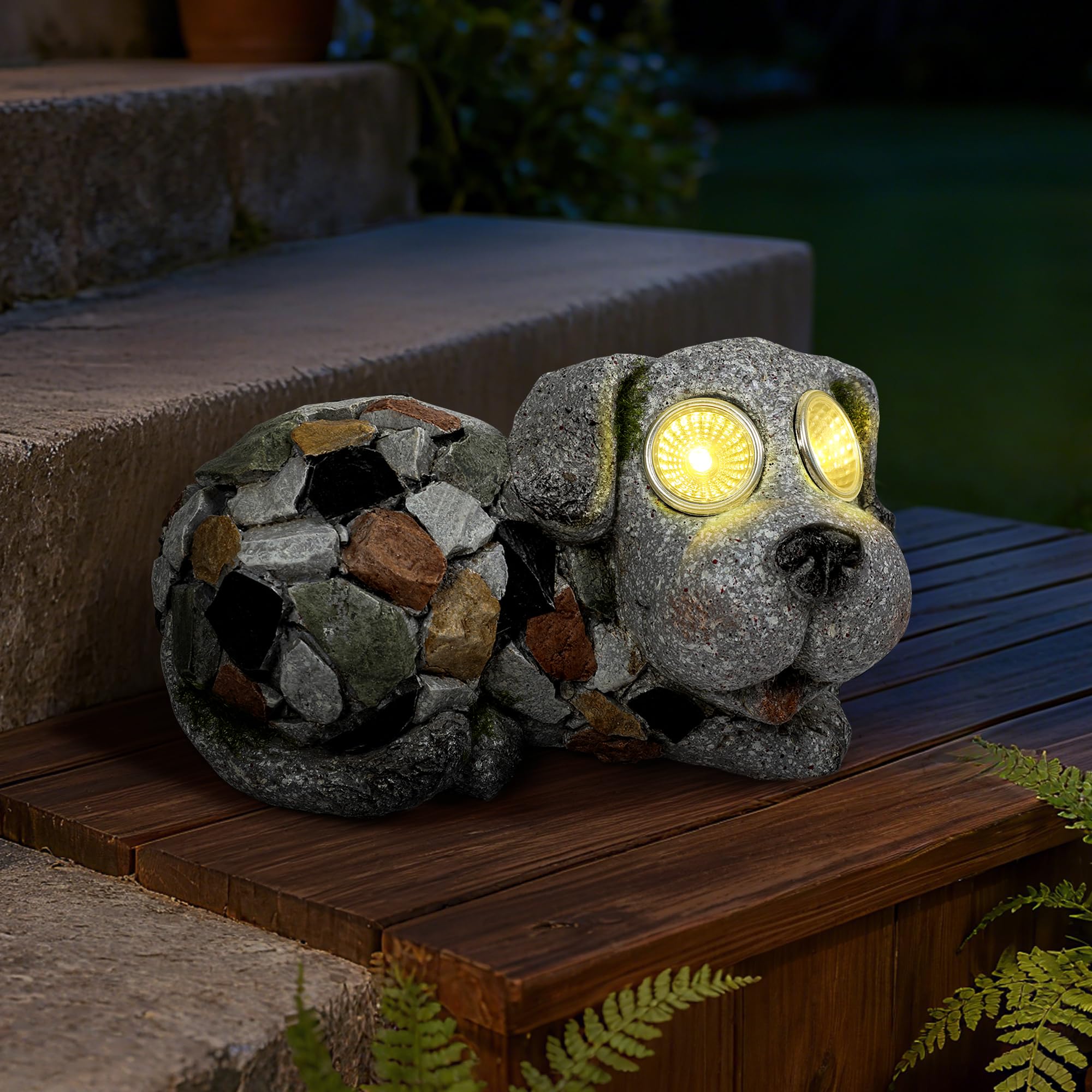 Outdoor Garden Decor Solar Dog Statue & Sculpture, Cute Dog Garden Statue, Solar Yard Decorations for Lawn Patio Front, Stone Resin Figurine ldeal Gift for Mom