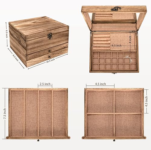 Miniatura 6 de Emfogo Joyero para mujer caja organizadora de joyas grande de 4 capas regalos de Navidad para mujeres cajas de joyería de madera rústica y