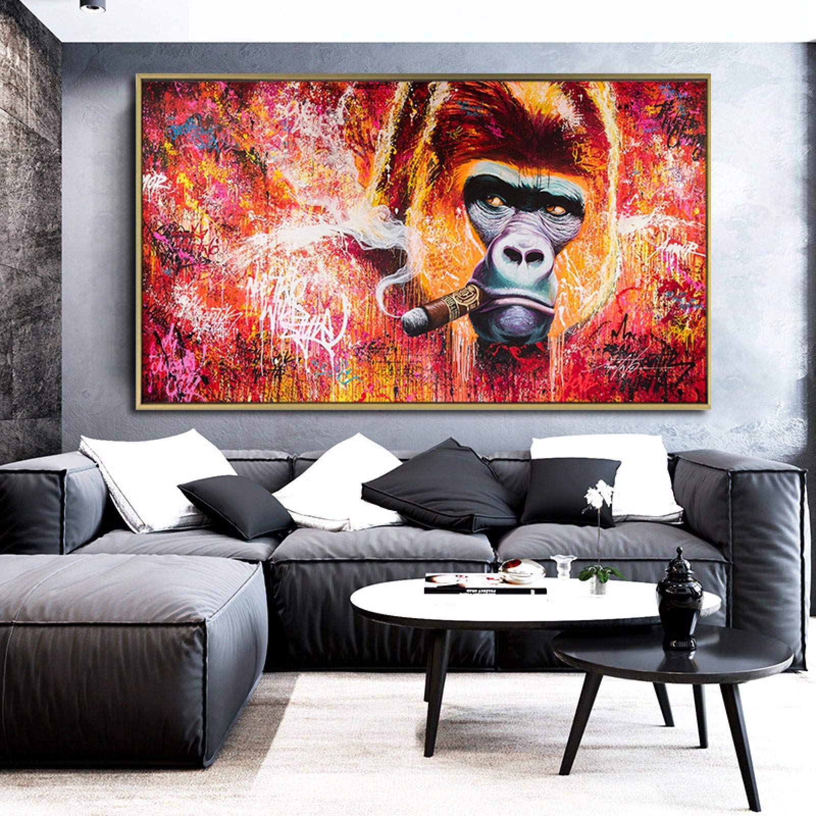 Pinturas divertidas de la lona del gorila que fuma Graffiti Arte callejero Carteles de animales abstractos Imagen de arte de pared para la decoración de la sala de estar mural-70x140 Sin marco