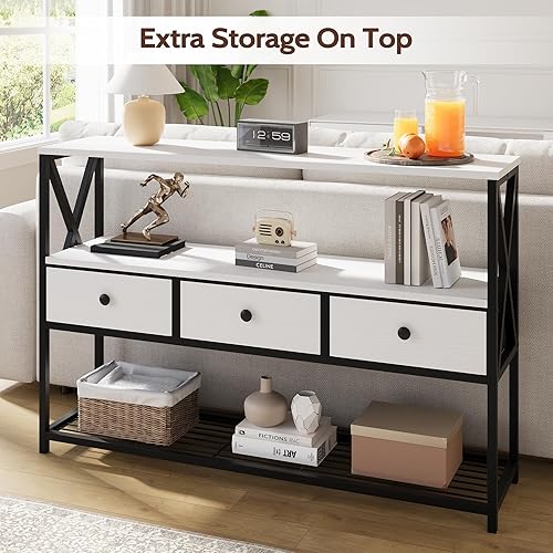 Miniatura 3 de Mesa consola de granja de 47 pulgadas con 3 cajones y estante abierto, mesa de sofá detrás del sofá con almacenamiento de 3 capas, mesa de entrada