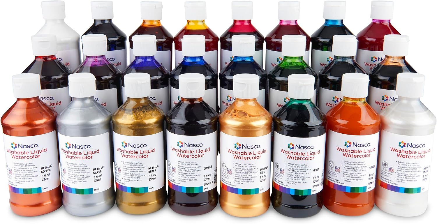 Nasco 9724712 Washable Liquid Watercolor Paint Set, 24 Count, Cup - 8 oz. each