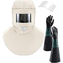 3Pcs Shawl Cap Sandblasting Mask Set, 1 Sand Blasting Hood Cap 1 Gloves 1 Sandblasting Hood Replacement Lens Glass
