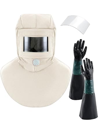 3Pcs Shawl Cap Sandblasting Mask Set, 1 Sand Blasting Hood Cap 1 Gloves 1 Sandblasting Hood Replacement Lens Glass