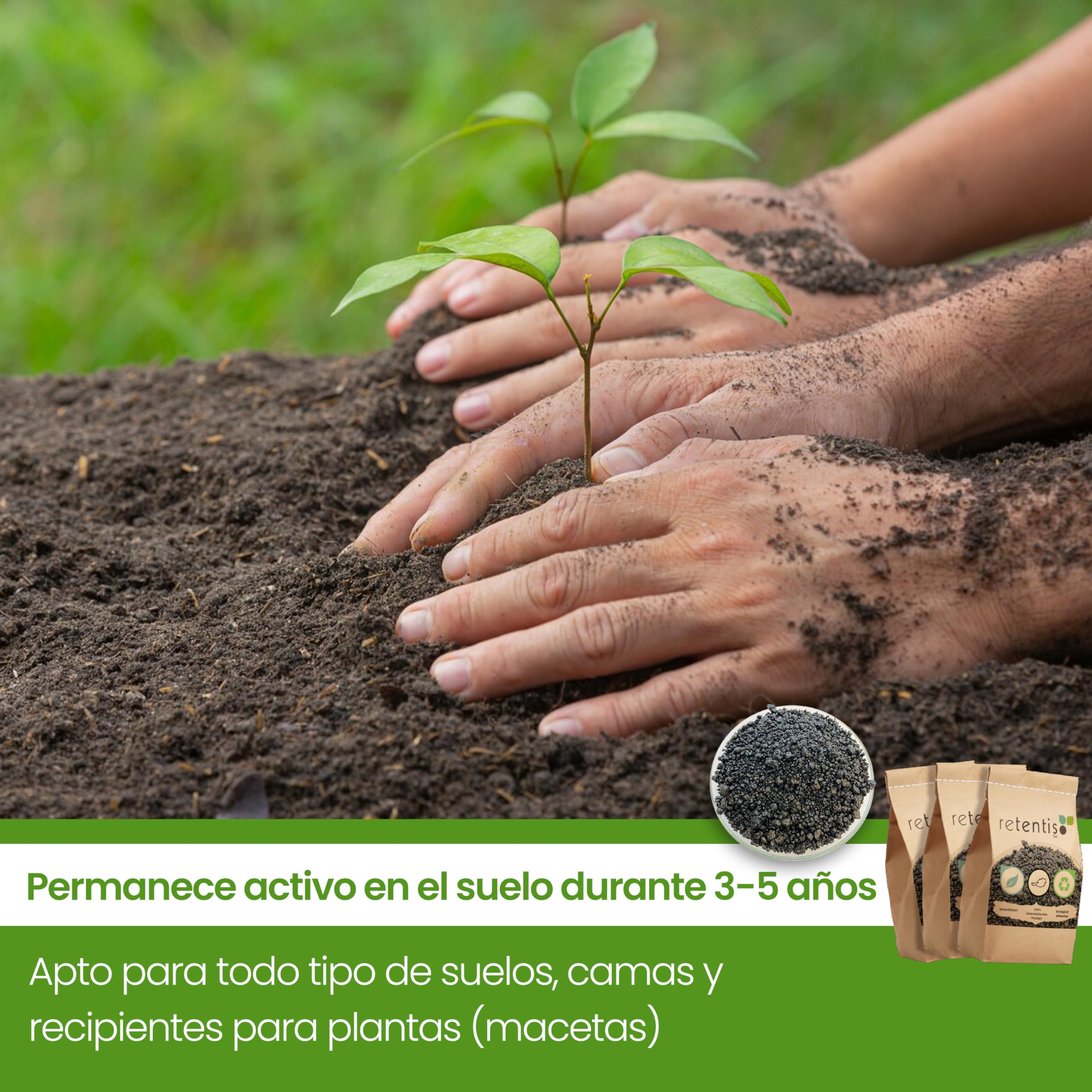 Almacenamiento de agua a largo plazo y gránulos para plantas I reduce el estrés de la sequía y 750 gramos por 40 litros de tierra e hidrogel de madera ecológico