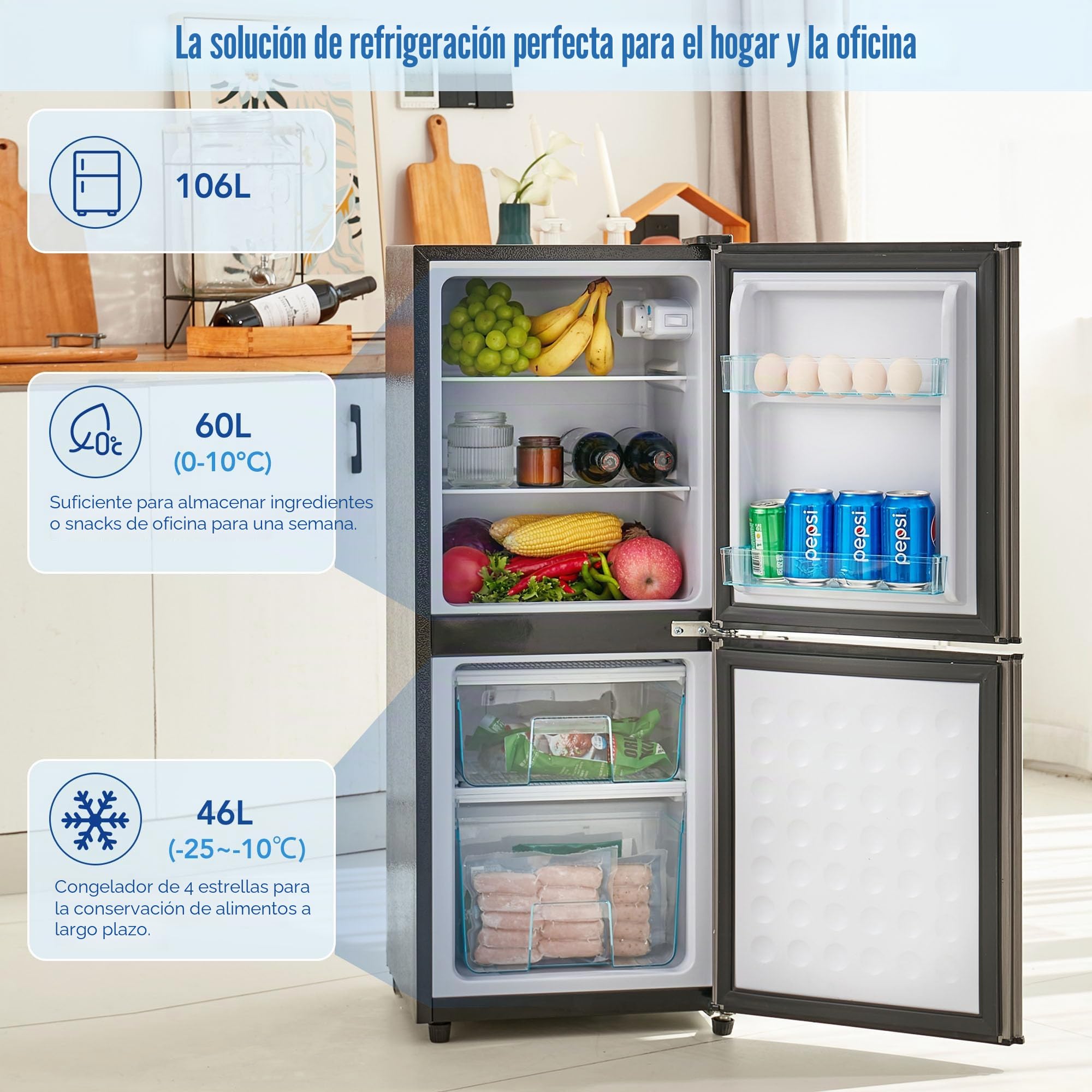 Merax Frigorífico con congelador de 106 L, nevera con congelador de 60 L, congelador de 46 L, 7 ajustes de temperatura, iluminación LED, estantes ajustables, silencioso, 45 dB, gris plateado