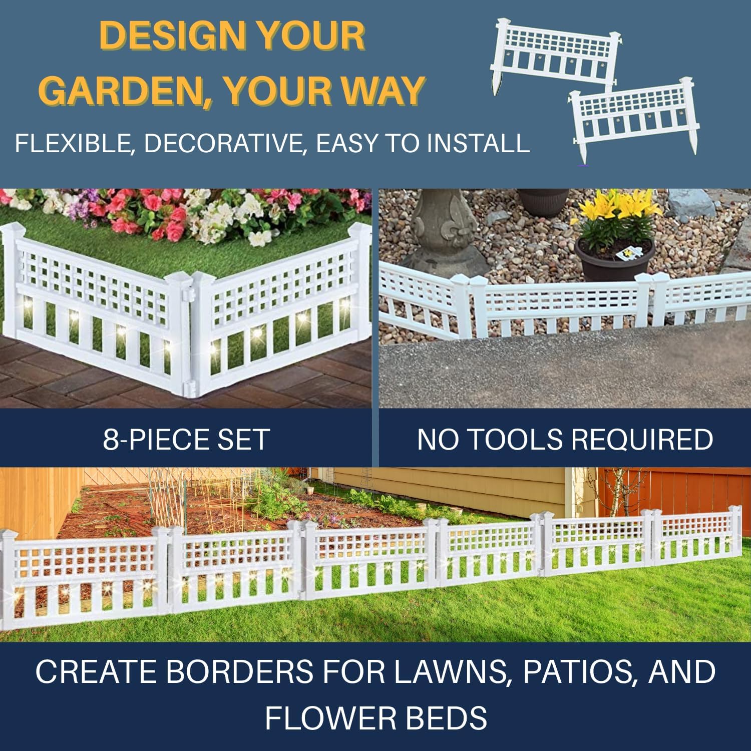 SkyMall 8-Piece Solar Garden Border Fence with Corner Posts – 14" Decorative Landscape Edging Panels with Cool White LED Lights – Outdoor Lawn & Flower Bed Barrier