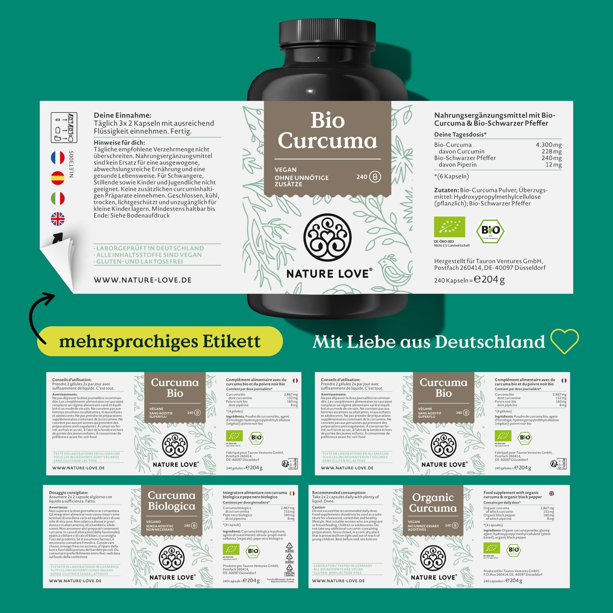 NATURE LOVE Bio Curcuma - 240 Kapseln - mit Curcumin aus Kurkuma und Piperin aus schwarzem Pfeffer - hochdosiert, vegan, laborgeprüft und in Deutschland hergestellt
