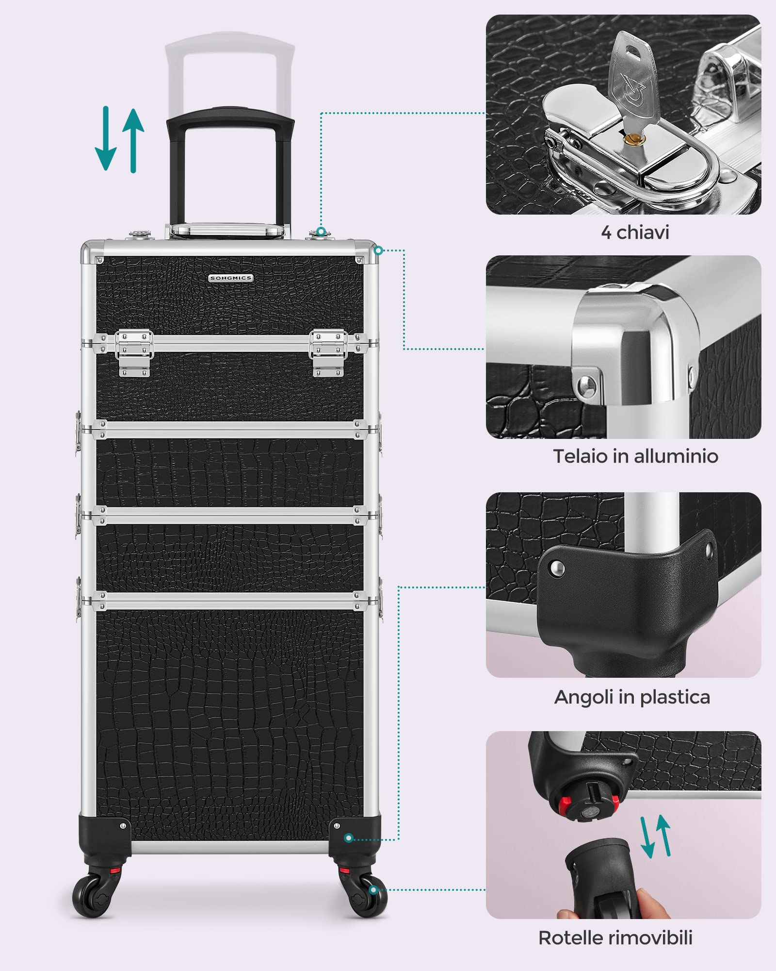 SONGMICS Valigetta Trucchi, Valigia Porta Trucchi 4 in 1, Grande, Trolley Make Up, con Coperchio, 35 x 25 x 79 cm, Serratura, Ruote Girevoli a 360°, per Truccatori, Idea Regalo, Nero JHZ06B