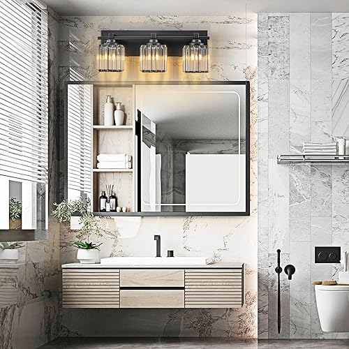 Miniatura 2 de Lámpara de baño de cristal, 3 luces negras claras sobre espejo con pantallas de cristal, moderna lámpara de tocador de baño para baño, baño, armario