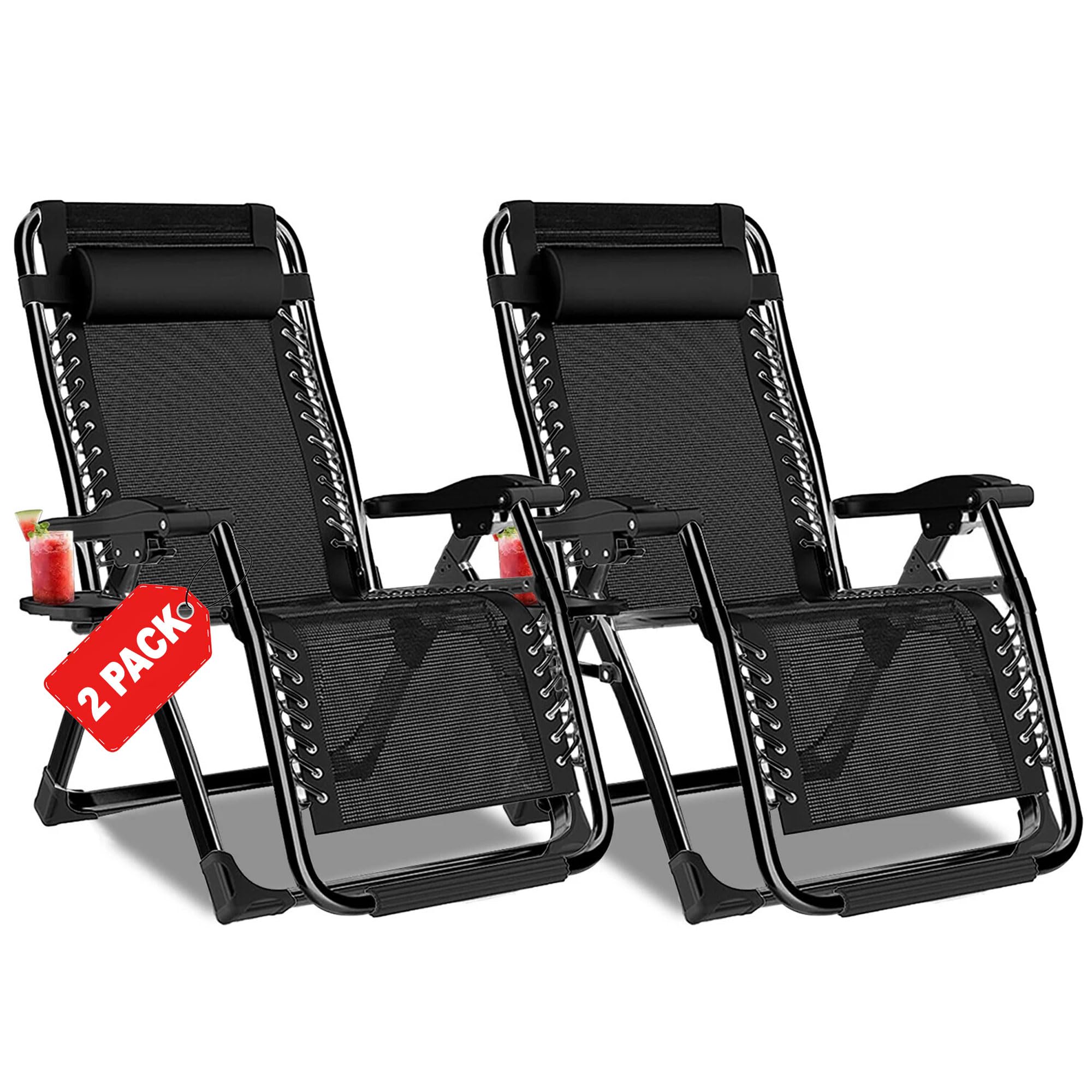 Heavy Duty Zero Gravity Chairs Set Of 2, Adjustable Lounge Chairs, Outdoor Portable Garden Sun Folding Chair With Cup Holder And Headrest Pillow Sunloungers Camping Steel Frame Black (2 Pieces)