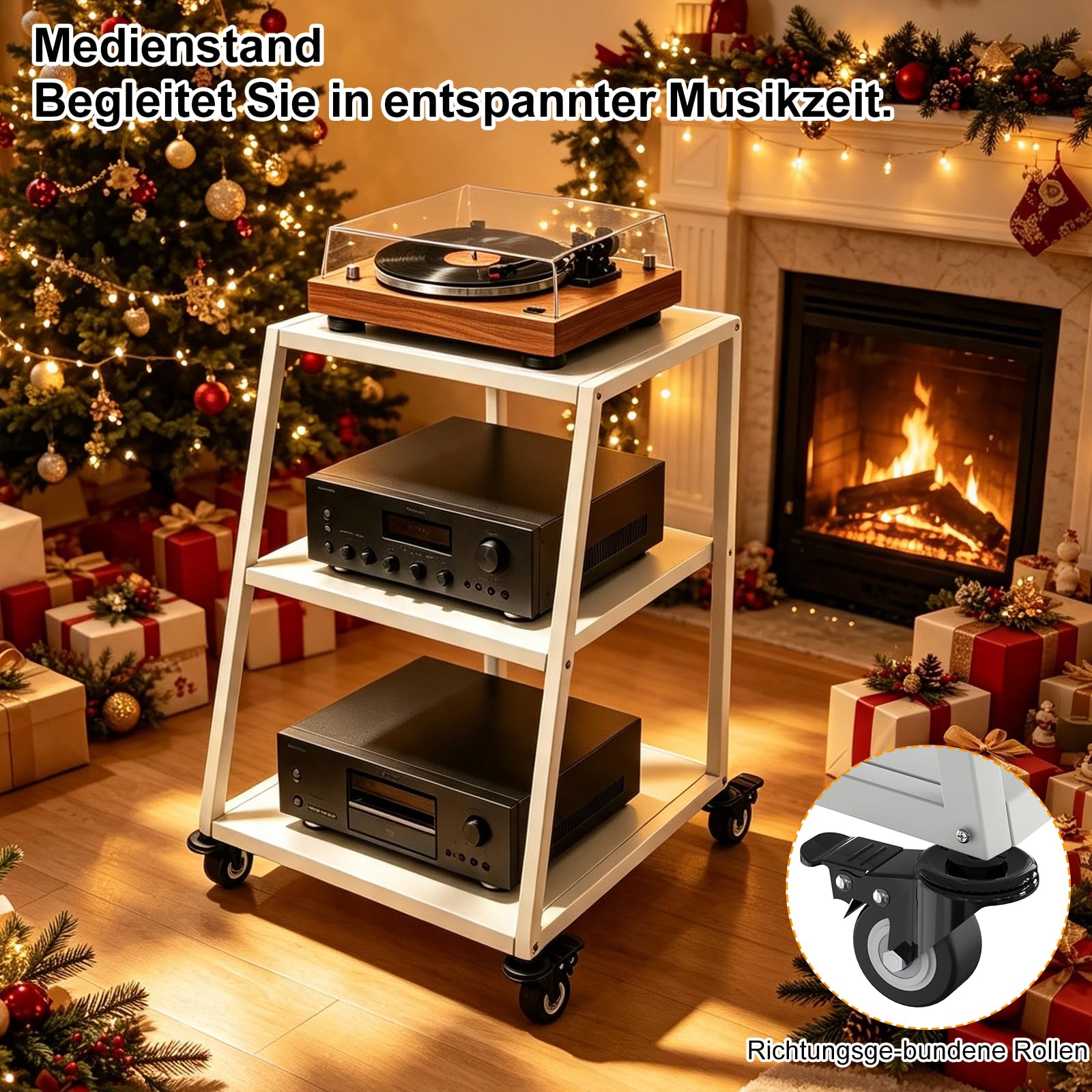 HiFi Rack aus Holz & Stahl,Plattenspieler Tisch mit verstellbaren Ablage,HiFi Regal für Plattenspieler & Stereoanlagen & Kompaktanlage,52cm（L x 50cm(W) x 65cm(H)