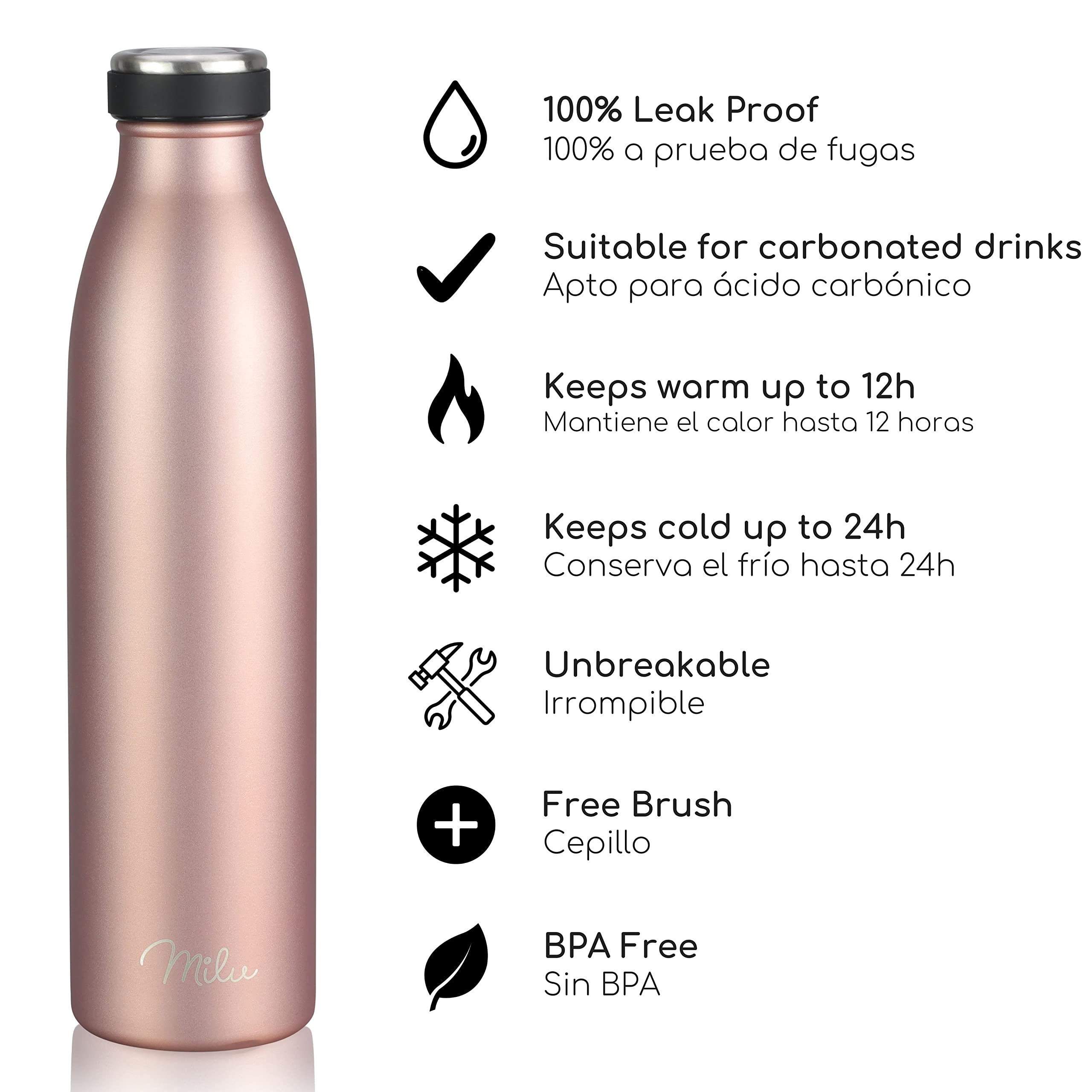 Milu Botella de acero inoxidable de 350ml 500ml 750 ml 1 L 1,5 L botella de agua aislada, termo a prueba de fugas, doble pared, apta para ácido carbónico + cepillo de limpieza (Azul Violeta, 350ml) — view 69