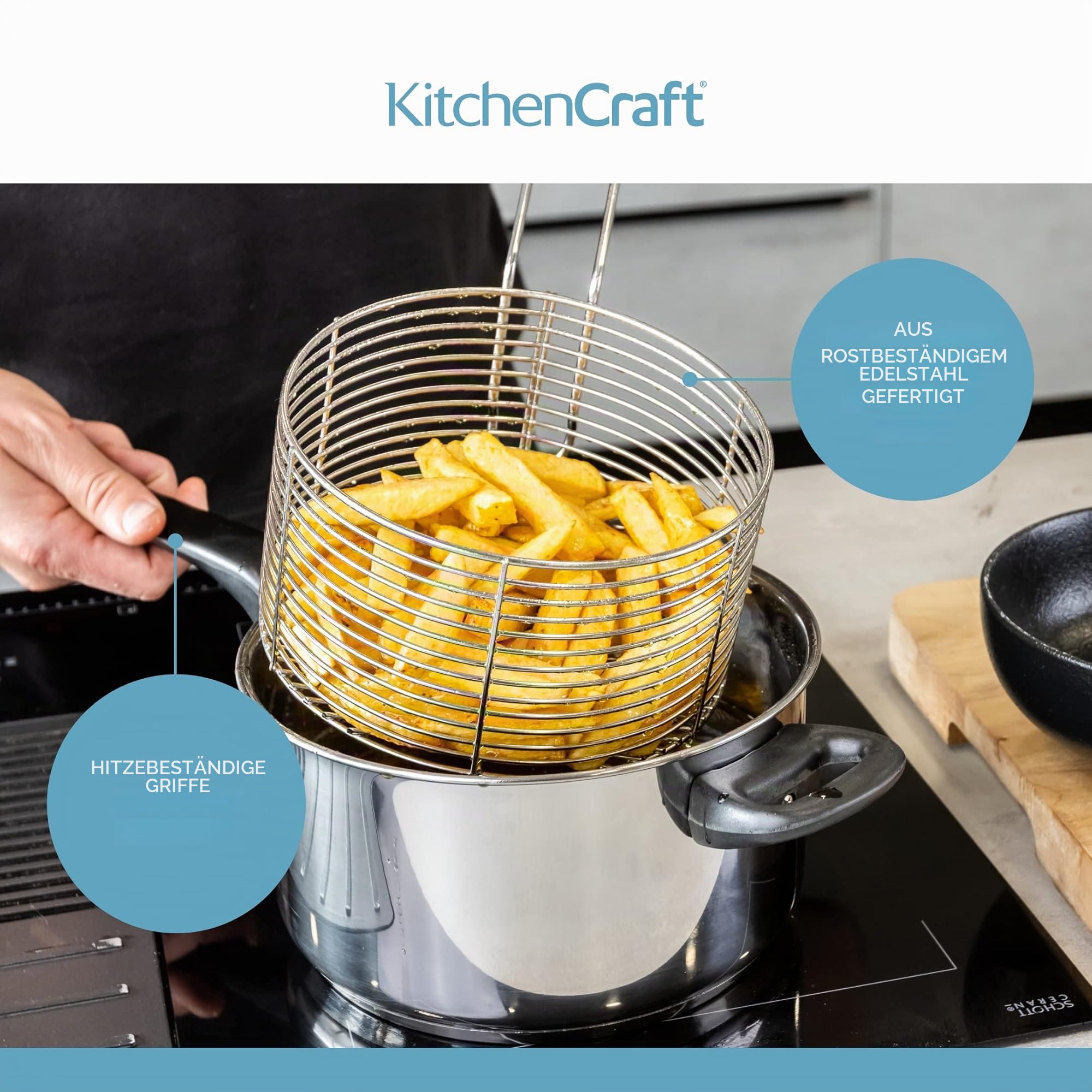 KitchenCraft Großer Pommes Kochtopf mit Frittierkorb und Deckel, Fritteuse Topf für alle Herdarten inklusive Induktionskochfeld, Pommes Körbchen Edelstahl, Silber, Ø 20 cm