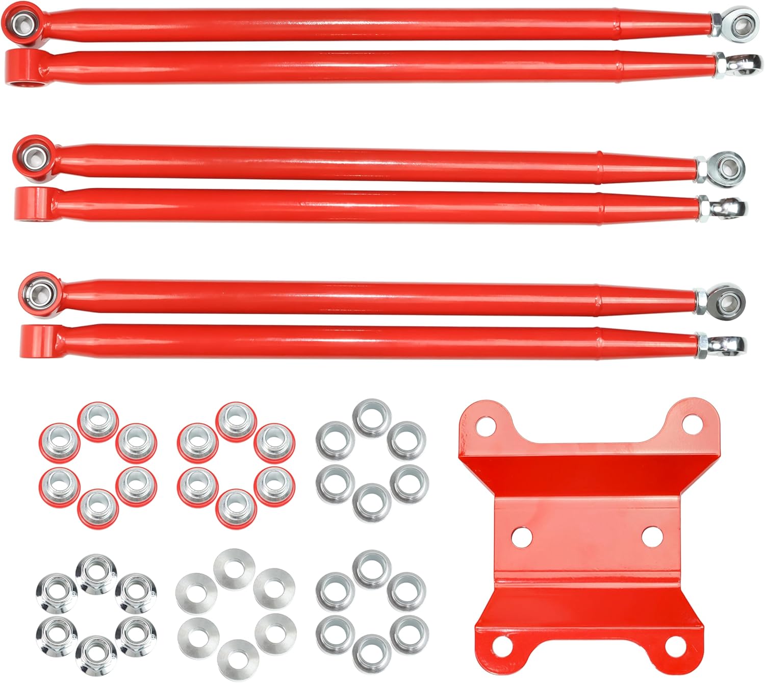 TASTONTUP Heavy-Duty Boxed Rear Radius Arms in red, displayed with a Can-Am Maverick X3 vehicle.