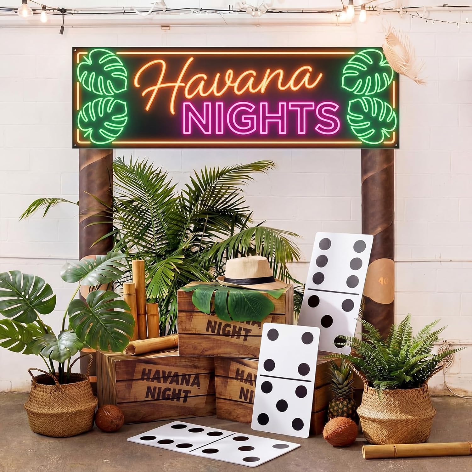 Vicenpal 18 Pcs Havana Night Party Decorations Imitation Wooden Cardboard Box Cuban Hats Dominoes Palm Leaves Cuban Night Party Decoration Havana Themed Birthday Decor Photo Booth Props Favor