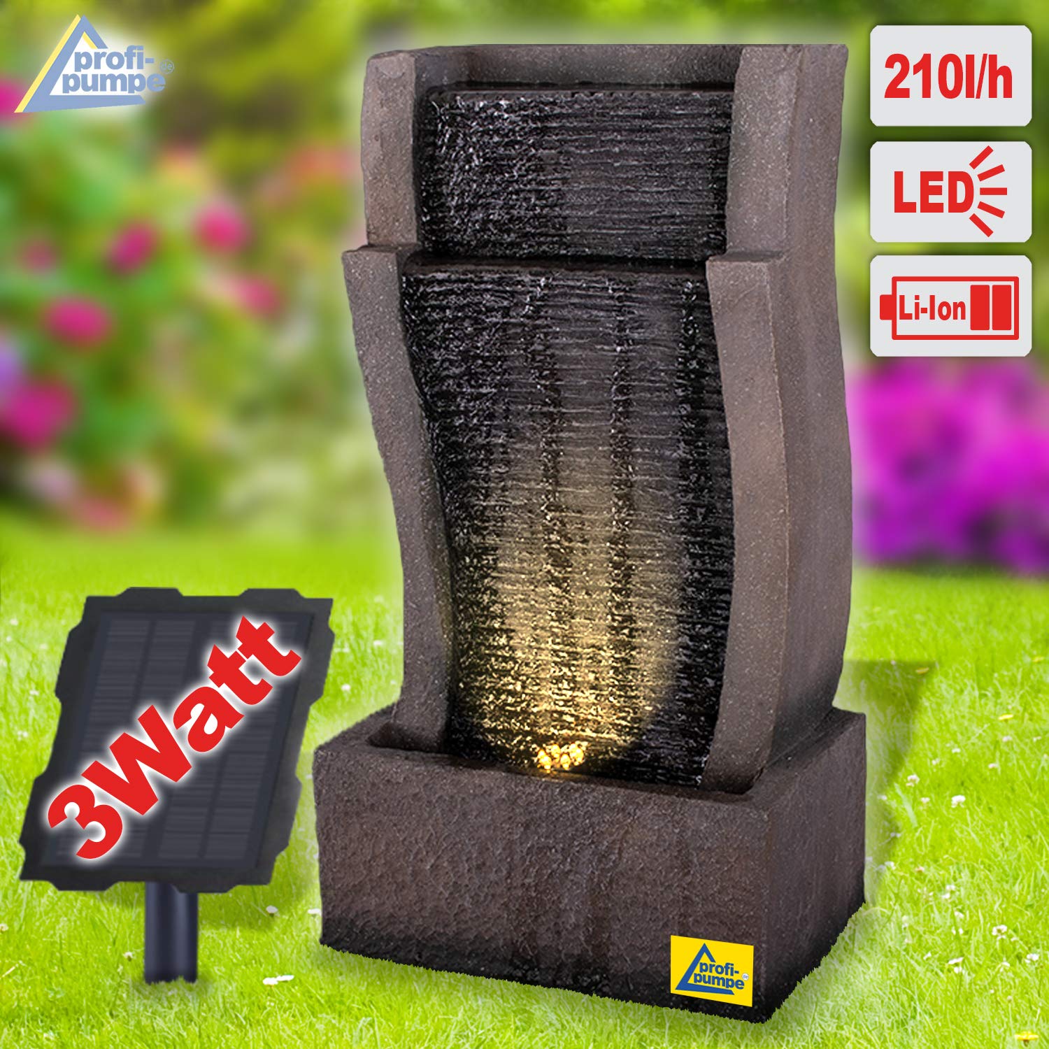 Fontana da giardino a energia solare, fontana decorativa a cascata, lampada da giardino, pompa per laghetto, per terrazza, balcone, con pompe, con batteria agli ioni di litio e luce LED (RHEIN-Gold)